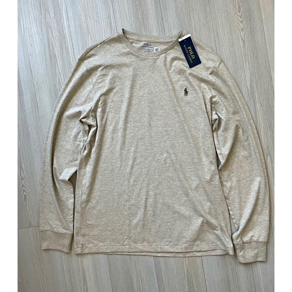 Polo Ralph Lauren Men's Beige Jersey Knit Crewneck Long Sleeve Shirt Sz M NWT